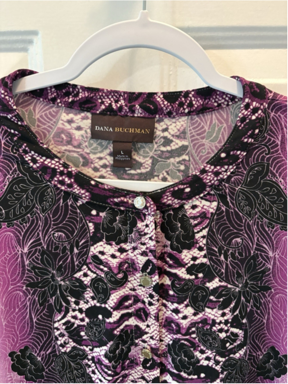 Dana Buchman Women’s Purple/black Floral Paisley Print Blouse Large 1050 - Picture 7 of 13